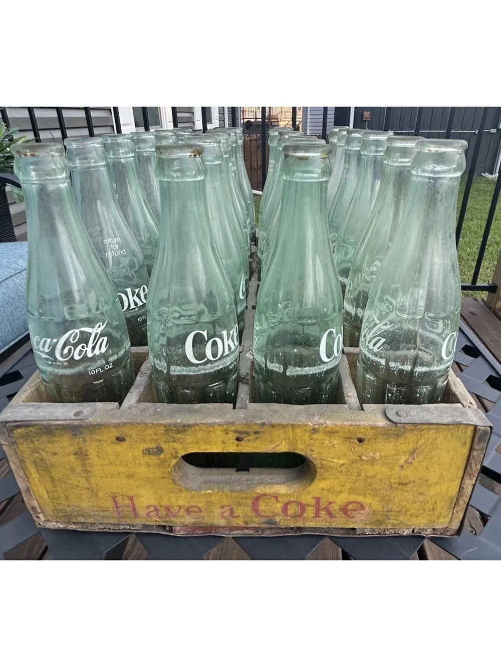 Coca Cola Yellow Wooden Crate with 24 Glass Bottles (10oz). Very sturdy crate.